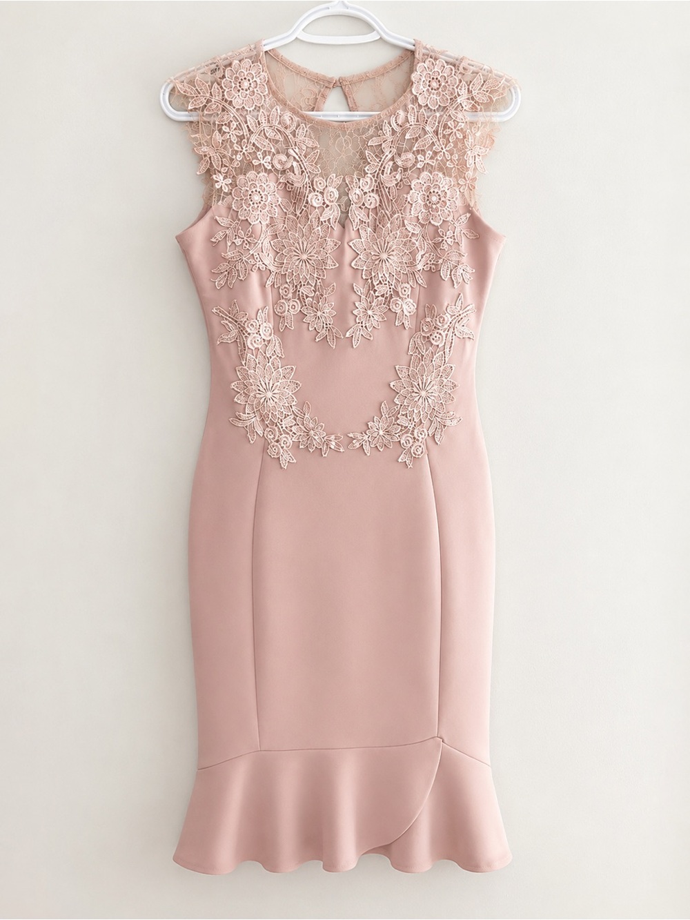 Fashion Nova Blush Pink Lace Appliqué Midi Dress